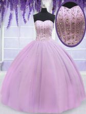  Lilac Lace Up Sweetheart Beading Quinceanera Gown Tulle Sleeveless