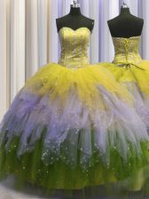 Fantastic Visible Boning Multi-color Ball Gowns Sweetheart Sleeveless Tulle Floor Length Lace Up Beading and Ruffles and Sequins Quince Ball Gowns