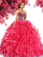 Chic Red Organza Lace Up Sweetheart Sleeveless Floor Length Sweet 16 Dress Beading and Ruffles
