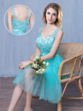  Aqua Blue Lace Up V-neck Lace and Appliques and Bowknot Quinceanera Court Dresses Tulle Sleeveless