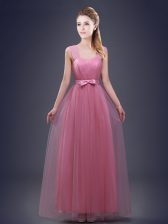 Luxurious Straps Pink Sleeveless Floor Length Ruching and Bowknot Lace Up Quinceanera Court Dresses