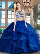 Fashionable Scoop Beading and Ruffles Sweet 16 Dress Royal Blue Backless Sleeveless With Brush Train