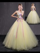 Deluxe Light Yellow V-neck Lace Up Appliques and Belt Quinceanera Gown Sleeveless