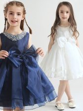 Spectacular Scoop White and Navy Blue A-line Beading and Bowknot Flower Girl Dresses Zipper Organza Sleeveless Knee Length