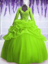 Top Selling Ball Gowns V-neck Long Sleeves Organza Floor Length Zipper Sequins and Pick Ups 15 Quinceanera Dress