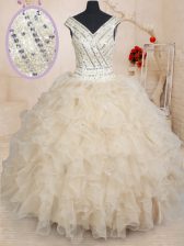 Beauteous V-neck Cap Sleeves Organza Ball Gown Prom Dress Beading and Ruffles and Sequins Zipper