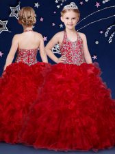  Halter Top Sleeveless Organza Floor Length Zipper Girls Pageant Dresses in Wine Red with Beading and Ruffles