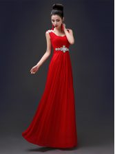  Square Red Sleeveless Floor Length Beading Zipper Evening Dress