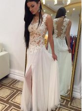 Sweet Scoop White Sleeveless Appliques Floor Length Prom Gown