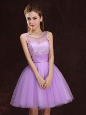  Lilac Tulle Lace Up Scoop Sleeveless Mini Length Dama Dress Lace and Ruching