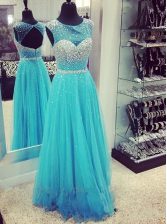  Mermaid Aqua Blue Dress for Prom Prom and Party with Beading High-neck Sleeveless Sweep Train Zipper