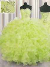 Simple Beading and Ruffles Quinceanera Dress Yellow Green Lace Up Sleeveless Floor Length
