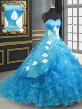 Fancy Baby Blue Ball Gowns Embroidery and Ruffled Layers 15 Quinceanera Dress Lace Up Organza and Taffeta Sleeveless With Train