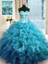 Fitting Floor Length Lace Up 15th Birthday Dress Teal for Military Ball and Sweet 16 and Quinceanera with Beading and Ruffles