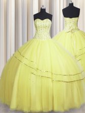 Fine Visible Boning Really Puffy Light Yellow Ball Gowns Beading Quince Ball Gowns Lace Up Tulle Sleeveless Floor Length