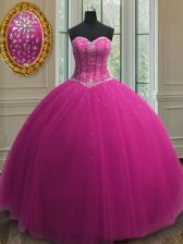  Sequins Ball Gowns Sweet 16 Quinceanera Dress Fuchsia Sweetheart Tulle Sleeveless Floor Length Lace Up