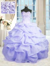 Custom Designed Floor Length Lace Up Quinceanera Gown Lavender for Military Ball and Sweet 16 and Quinceanera with Beading and Ruffles