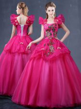  Fuchsia Straps Lace Up Appliques Sweet 16 Quinceanera Dress Sleeveless