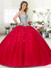 Smart Red Sleeveless Beading Floor Length Quince Ball Gowns