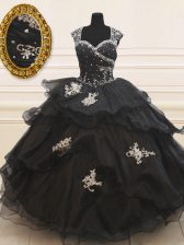 Free and Easy Organza Cap Sleeves Floor Length Sweet 16 Dresses and Beading and Appliques and Ruffles