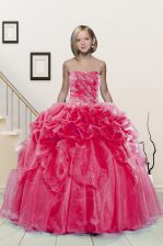  Floor Length Lace Up Kids Formal Wear Hot Pink for Party and Wedding Party with Beading and Pick Ups