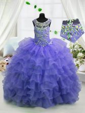  Scoop Ruffled Lavender Sleeveless Organza Lace Up Kids Pageant Dress for Party and Wedding Party