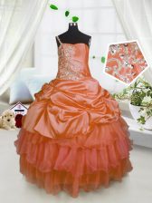 Latest One Shoulder Satin and Tulle Sleeveless Floor Length Little Girl Pageant Dress and Beading and Ruffled Layers and Pick Ups