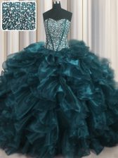  Visible Boning Bling-bling Organza Sweetheart Sleeveless Brush Train Lace Up Beading and Ruffles Vestidos de Quinceanera in Teal