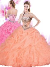 Beauteous Sleeveless Tulle Floor Length Lace Up Sweet 16 Dress in Orange Red with Beading and Ruffles