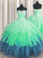  Multi-color Lace Up Sweetheart Beading and Ruffles and Ruffled Layers and Sequins Sweet 16 Dresses Organza Sleeveless