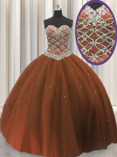 Fashionable Sequins Sweetheart Sleeveless Lace Up Vestidos de Quinceanera Brown Tulle