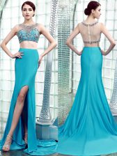 Fantastic Brush Train Column/Sheath Prom Party Dress Aqua Blue Scoop Elastic Woven Satin Sleeveless With Train Zipper