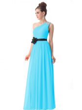 Free and Easy One Shoulder Chiffon Sleeveless Floor Length Dress for Prom and Beading and Ruching and Belt