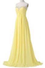  With Train Light Yellow Dress for Prom Chiffon Brush Train Sleeveless Beading and Ruching
