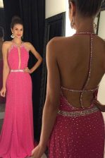 Modest Hot Pink Prom Evening Gown Scoop Sleeveless Sweep Train Backless