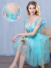 Fashion Empire Quinceanera Court Dresses Aqua Blue Sweetheart Tulle Short Sleeves Knee Length Lace Up