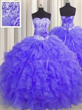  Handcrafted Flower Lavender Sleeveless Floor Length Beading and Ruffles and Hand Made Flower Lace Up Sweet 16 Dresses