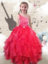  One Shoulder Sleeveless Lace Up Floor Length Beading and Ruffles Party Dress for Girls