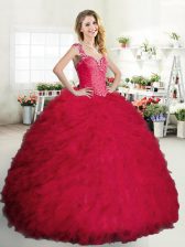 Extravagant Coral Red Straps Neckline Beading and Ruffles Sweet 16 Dress Sleeveless Zipper