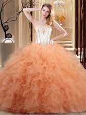 Smart Organza Strapless Sleeveless Lace Up Embroidery and Ruffled Layers Quinceanera Dresses in Orange