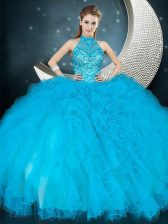 Clearance Baby Blue Ball Gowns Tulle Halter Top Sleeveless Beading and Ruffles Floor Length Lace Up 15 Quinceanera Dress