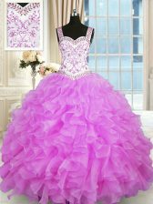  Lilac Ball Gowns Straps Sleeveless Organza Floor Length Lace Up Beading and Ruffles Vestidos de Quinceanera