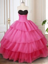  Hot Pink Organza Lace Up Sweetheart Sleeveless Floor Length Quince Ball Gowns Beading and Ruffled Layers