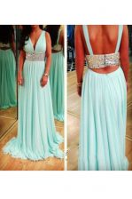 Stylish Sleeveless Chiffon Floor Length Backless Dress for Prom in Aqua Blue with Beading