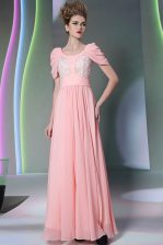  Scoop Floor Length Side Zipper Baby Pink for Prom and Party with Beading