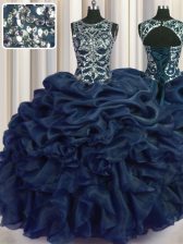 Luxurious Scoop Navy Blue Ball Gowns Beading and Pick Ups Sweet 16 Dress Lace Up Organza Sleeveless Floor Length