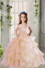 Eye-catching Champagne Ball Gowns Lace and Ruffled Layers Child Pageant Dress Zipper Organza Sleeveless Floor Length