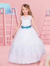  Scoop Floor Length White Flower Girl Dresses for Less Tulle Sleeveless Beading and Lace and Bowknot