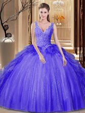 High Quality Sleeveless Backless Floor Length Appliques and Ruffles and Sequins 15th Birthday Dress