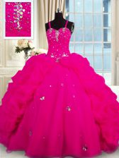 Fabulous Organza Sleeveless With Train Quince Ball Gowns Brush Train and Beading
